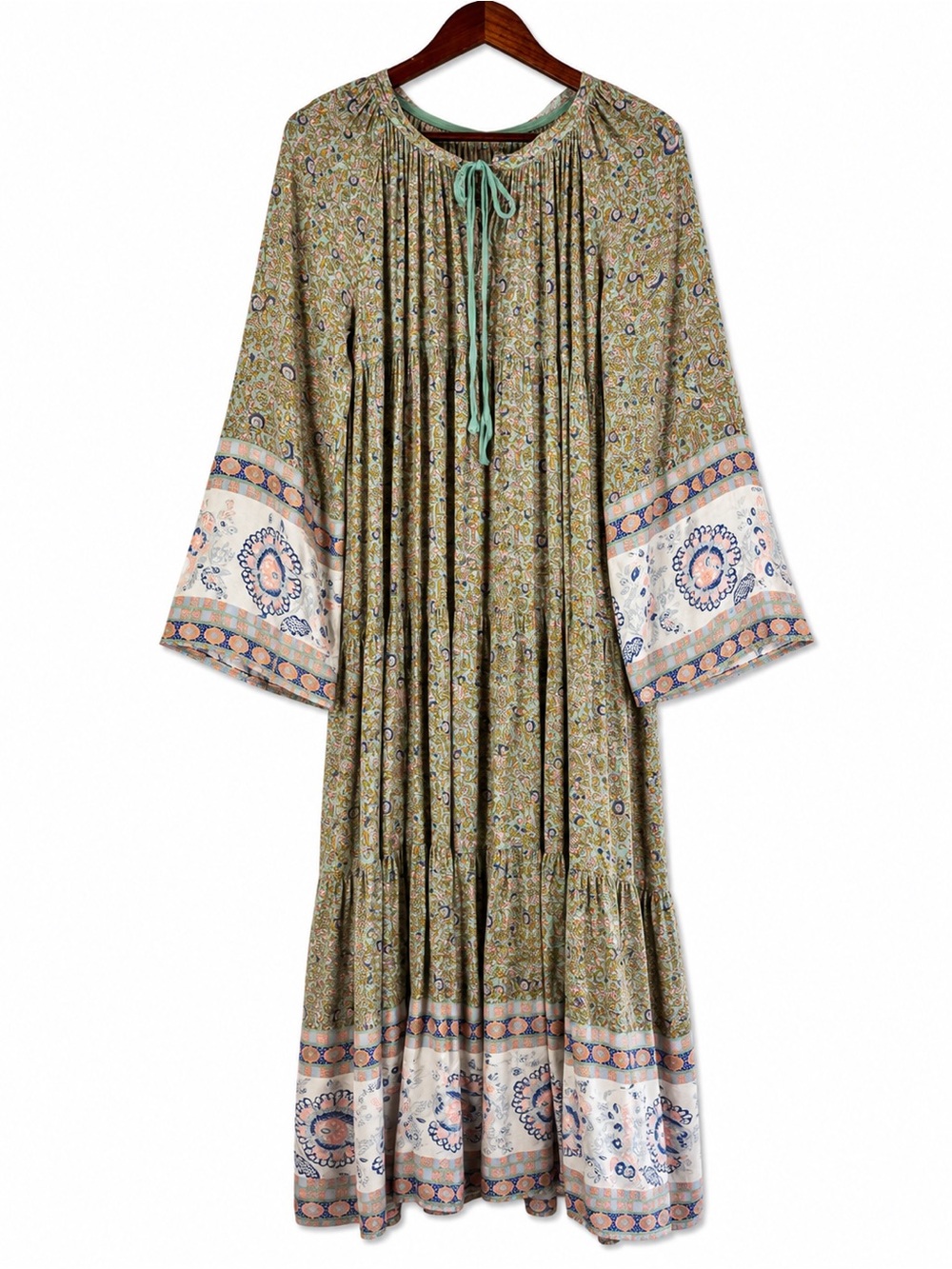 Karlie Floral Boho Maxi Dress Size L Bell Sleeve Tiered Rayon Prairie Cottagecor